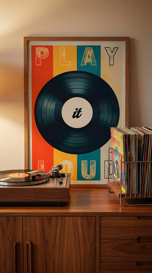 Wooden record player with vinyl records on a shelf, featuring a colorful 'PLAY IT' poster.