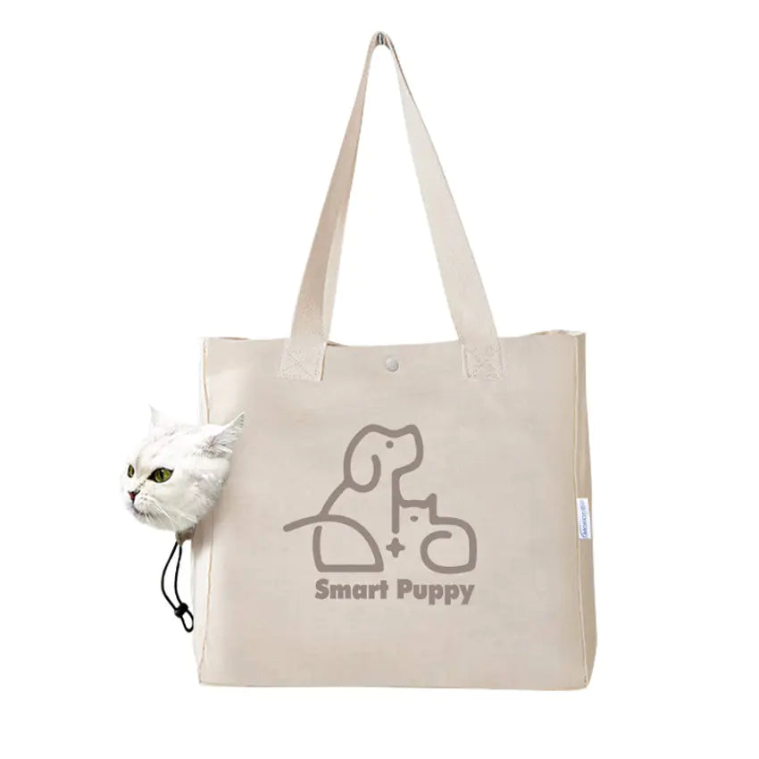 Beige tote bag with 'Smart Puppy' logo and a fluffy white toy on a white background
