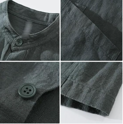 Collage of close-up details of a dark gray shirt with buttons and fabric texture.