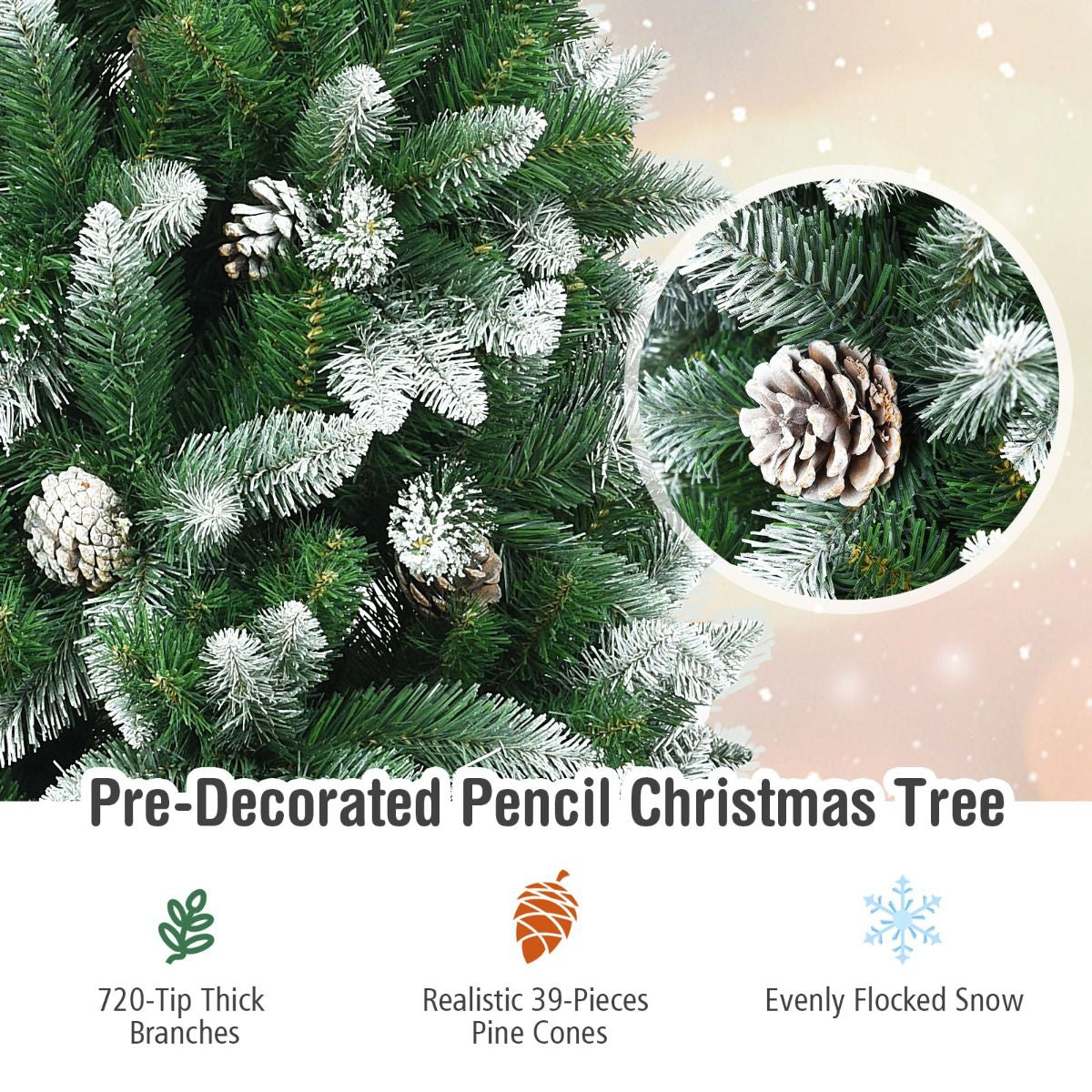 Snow-Flocked Pencil Hinged Artificial Christmas Tree with Pine Cones