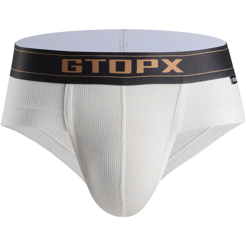 White men's underwear with a black waistband featuring 'GTOPX' on a white background