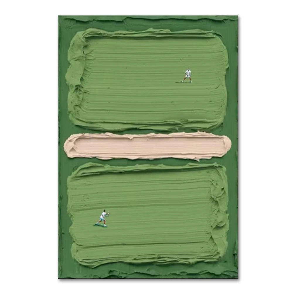 Green textured surface with two tennis platers and a beige rectangular object.