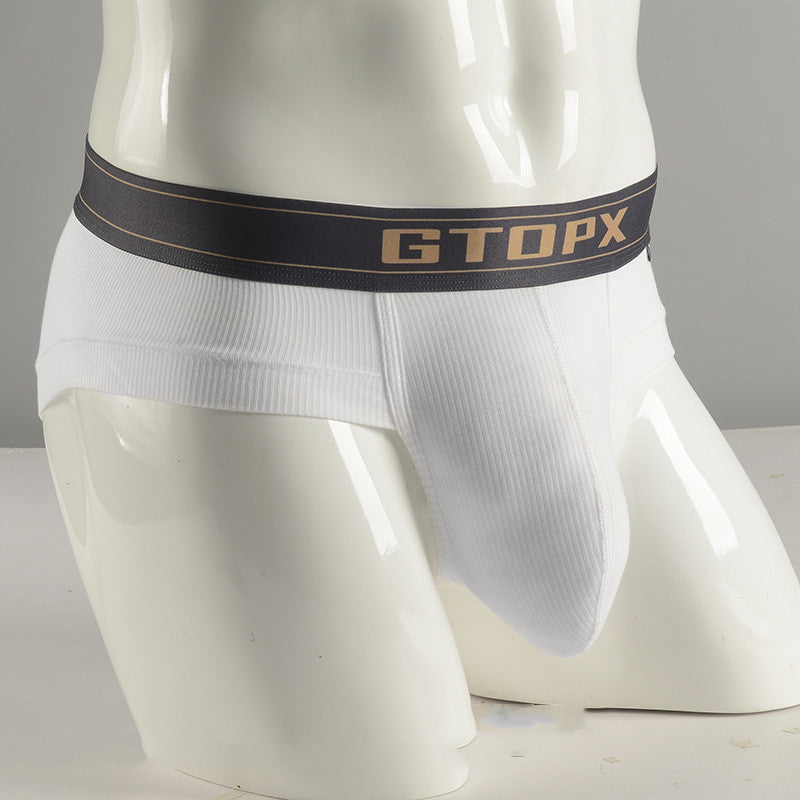 White underwear with a black waistband featuring 'GTOPX' on a mannequin against a gray background.