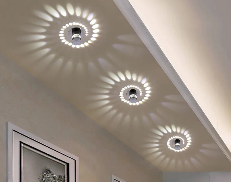Ceiling lights casting circular shadows on a ceiling