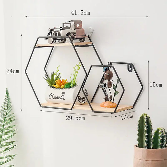 Geometric wall shelf with plants and measurements on a white background
