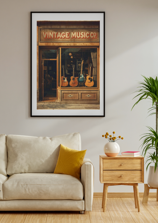 Framed artwork of a vintage music store with guitars on a wall above a sofa.