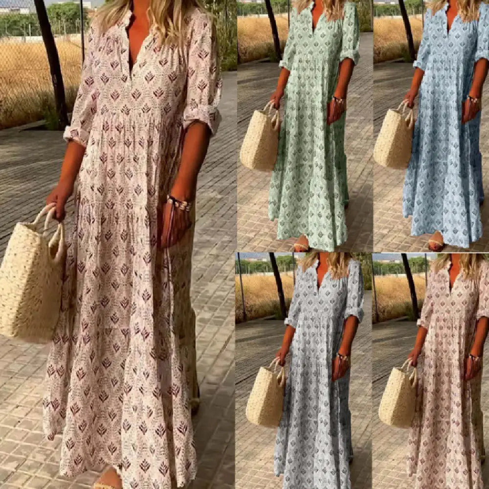 Collage of a woman wearing a long, patterned dress in various colors.