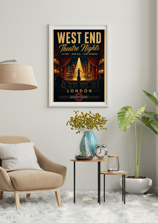Framed poster for 'West End Theatre Nights London' in a living room setting.