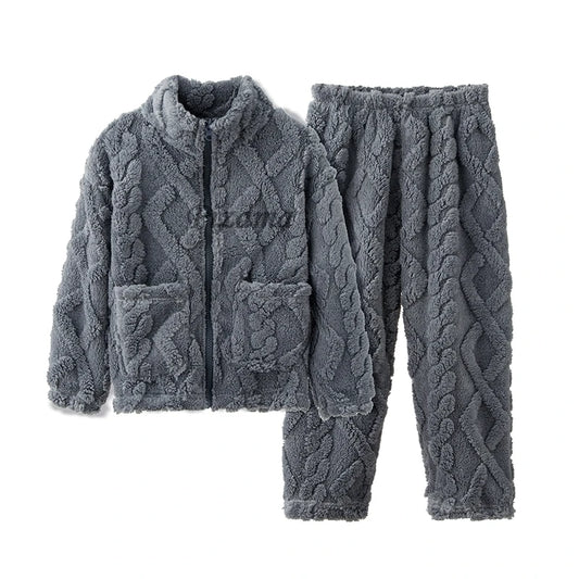 Gray cable knit fleece jacket and pants set on a white background