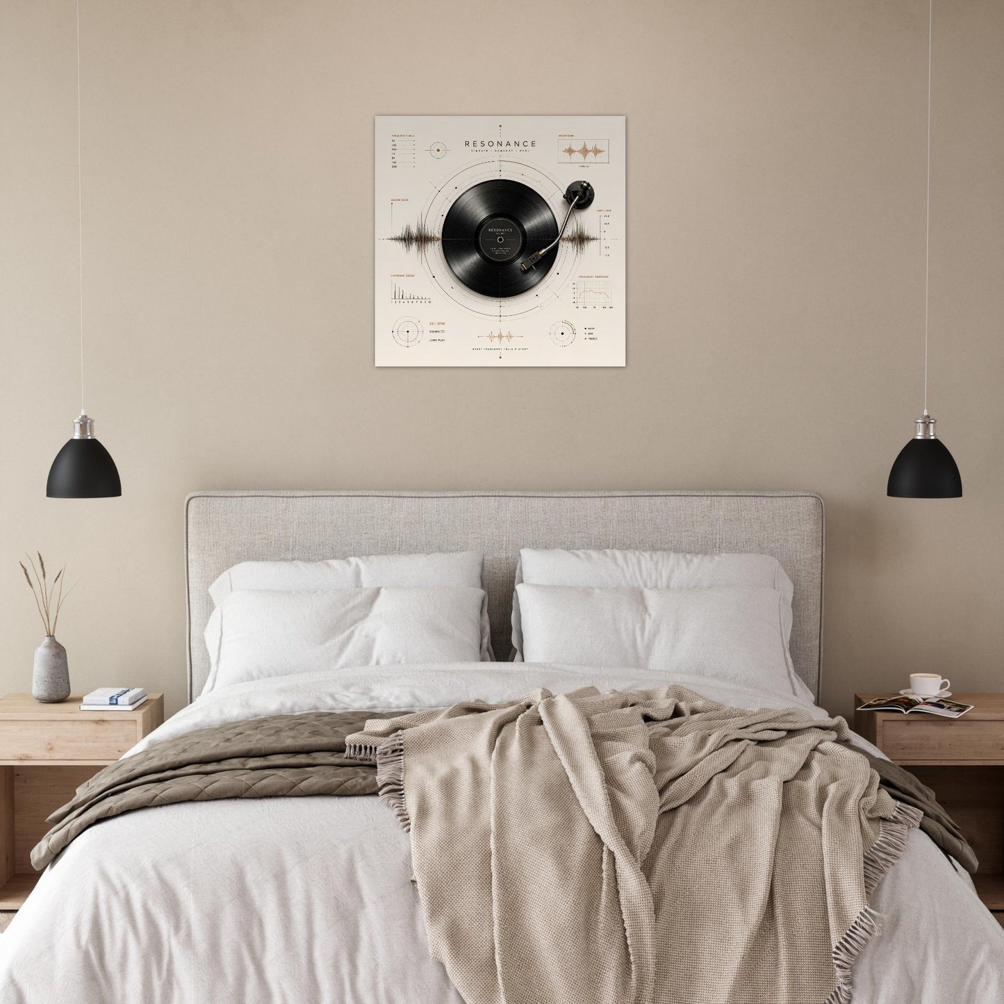 Minimalist music wall art displayed above a bed in a calming contemporary bedroom with soft neutral furnishings.