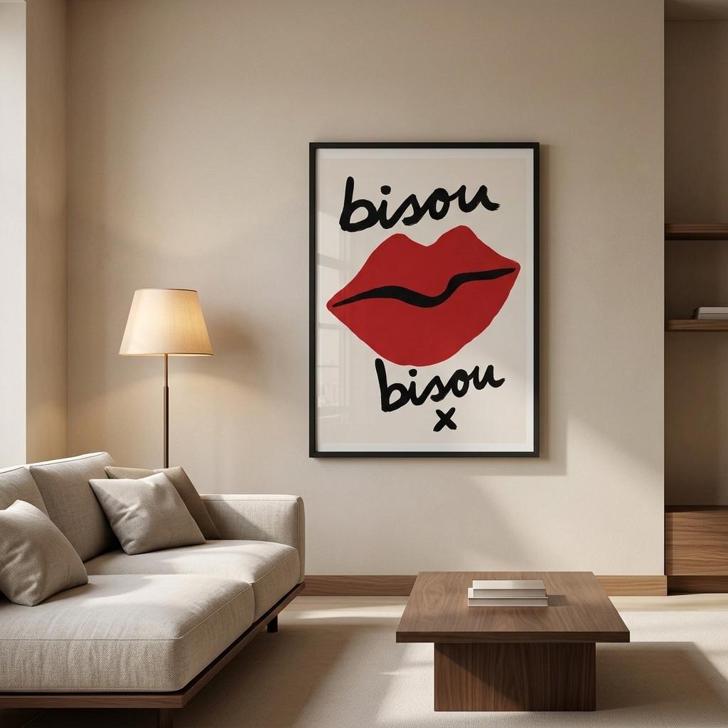 Living room with a modern sofa, wooden coffee table, and a framed artwork of red lips and the word 'bisou,bisou' on the wall.