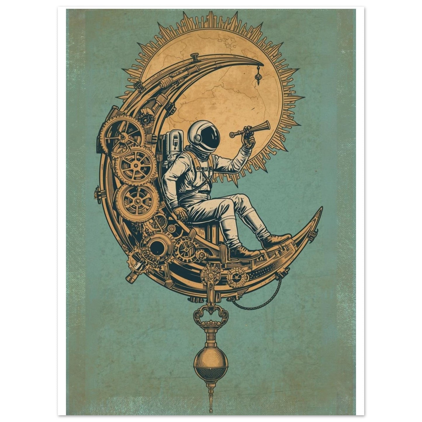 Illustration of an astronaut sitting on a mechanical moon with gears and a telescope, on a textured green background.