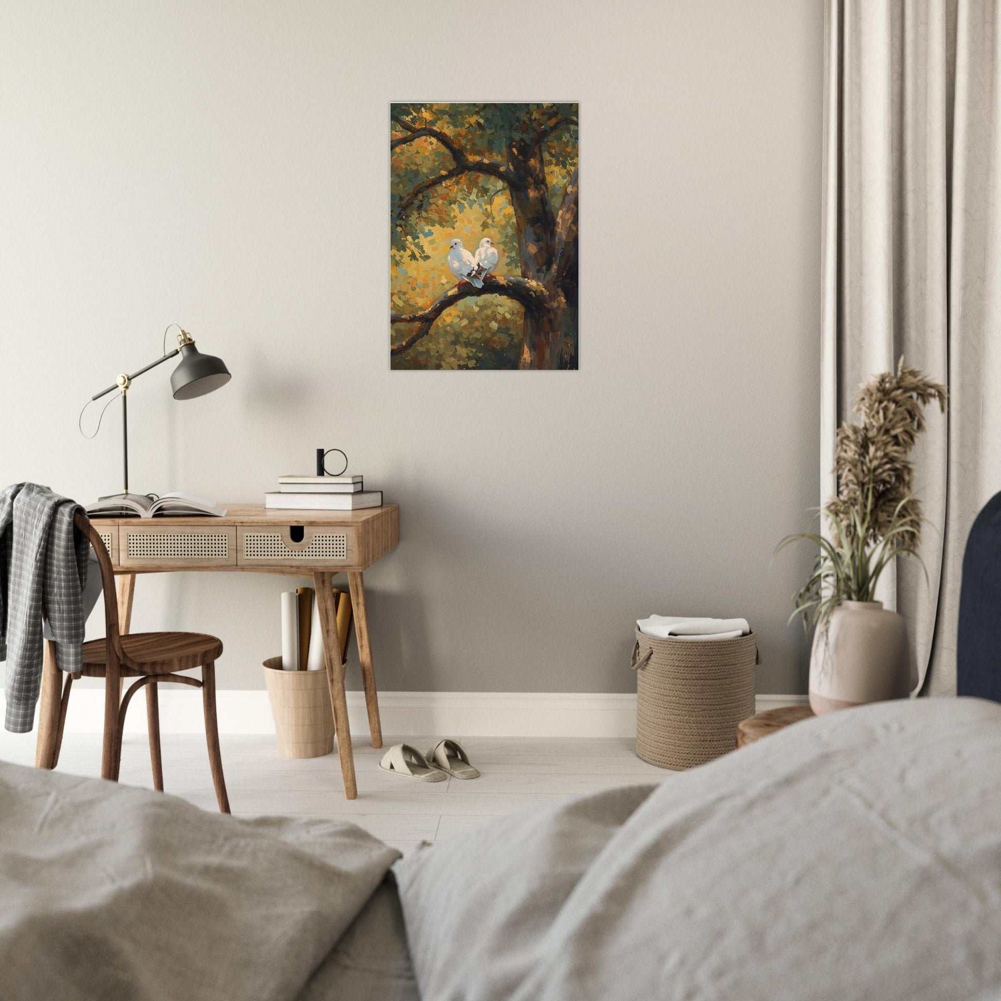 Nursery room with a painting of two doves on a branch, a desk, and a lamp.