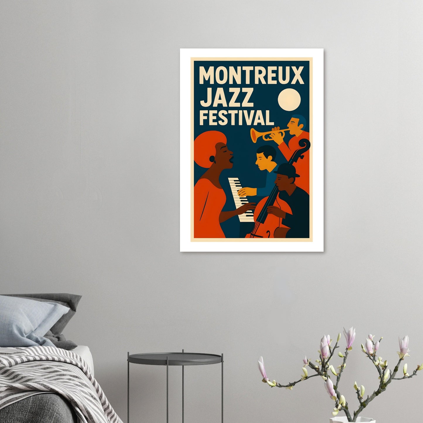 Framed Montreux Jazz Festival poster on a wall above a bed.