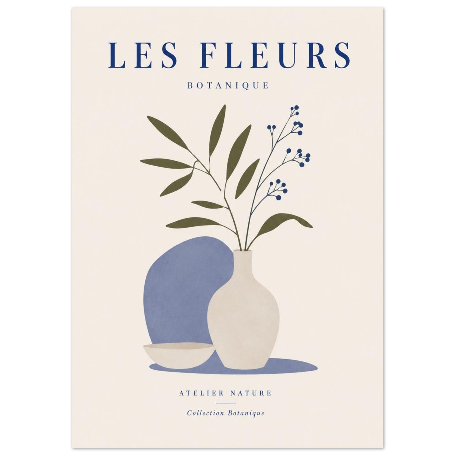 Close-up of Les Fleurs minimalist botanical print with blue vase and elegant floral stems