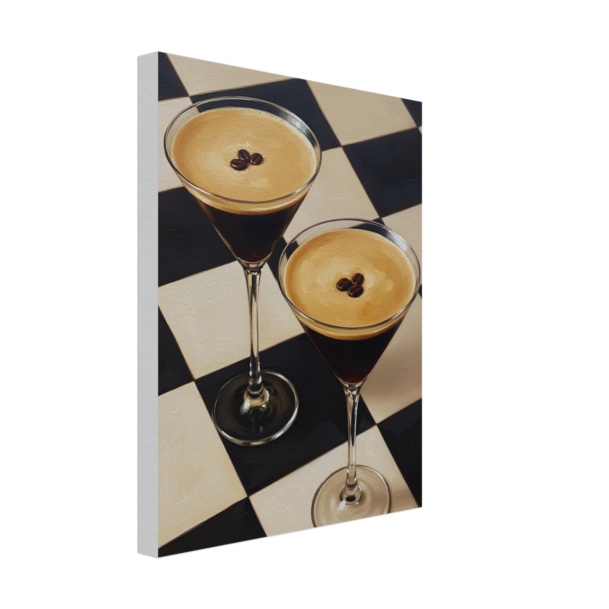 Espresso Martini canvas artwork featuring two classic cocktails against a geometric checkerboard design.