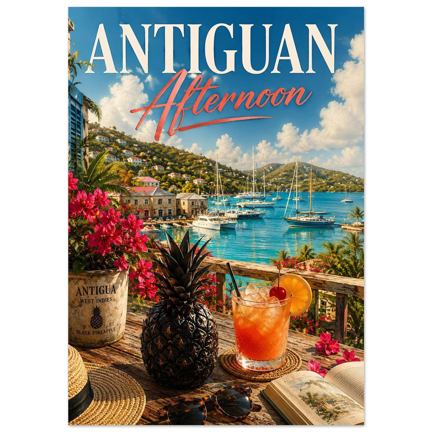 Caribbean wall art featuring English Harbour, sailing yachts and a black pineapple in painterly style
