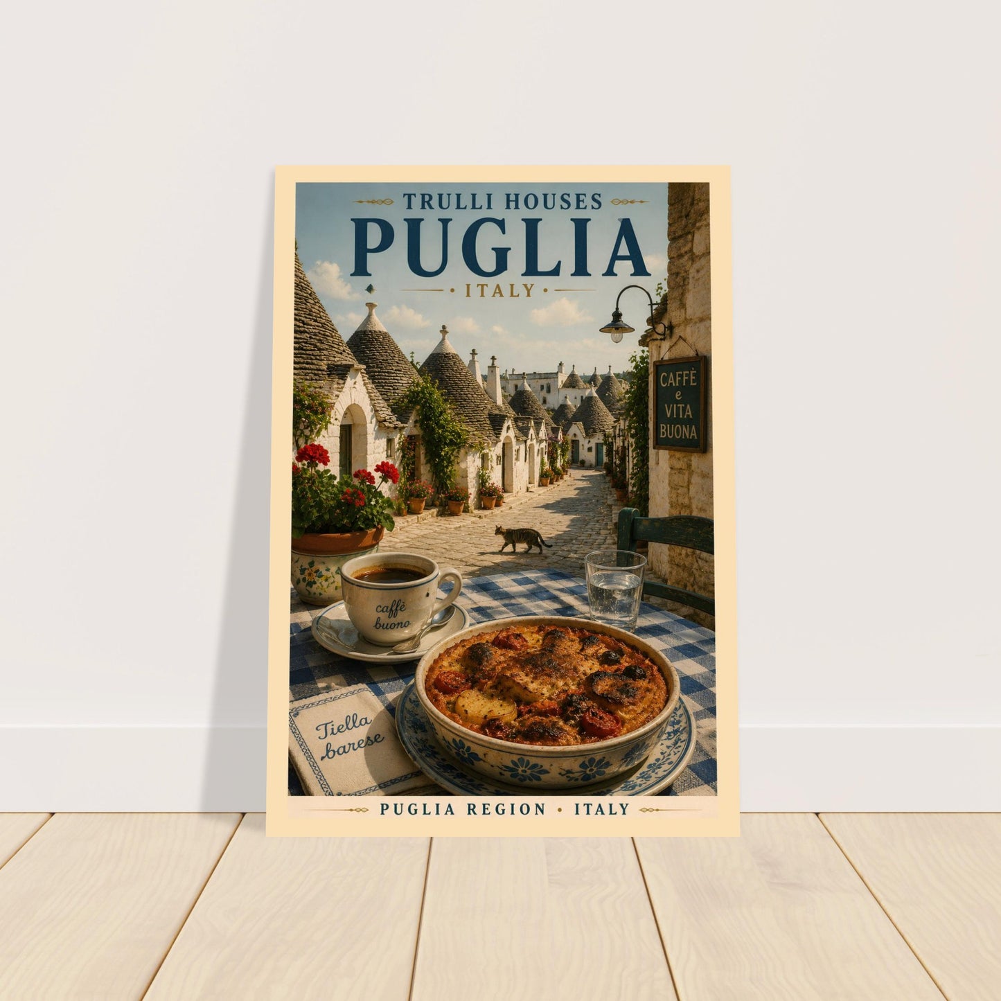 Puglia travel poster displayed on a wooden shelf against a neutral wall with Mediterranean-inspired decor