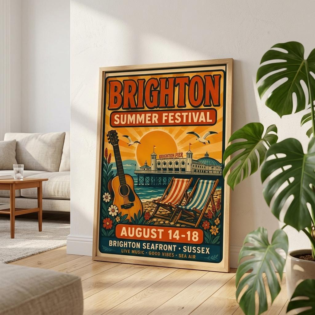 Framed Brighton Summer Festival poster in a living room setting with a plant and sofa.