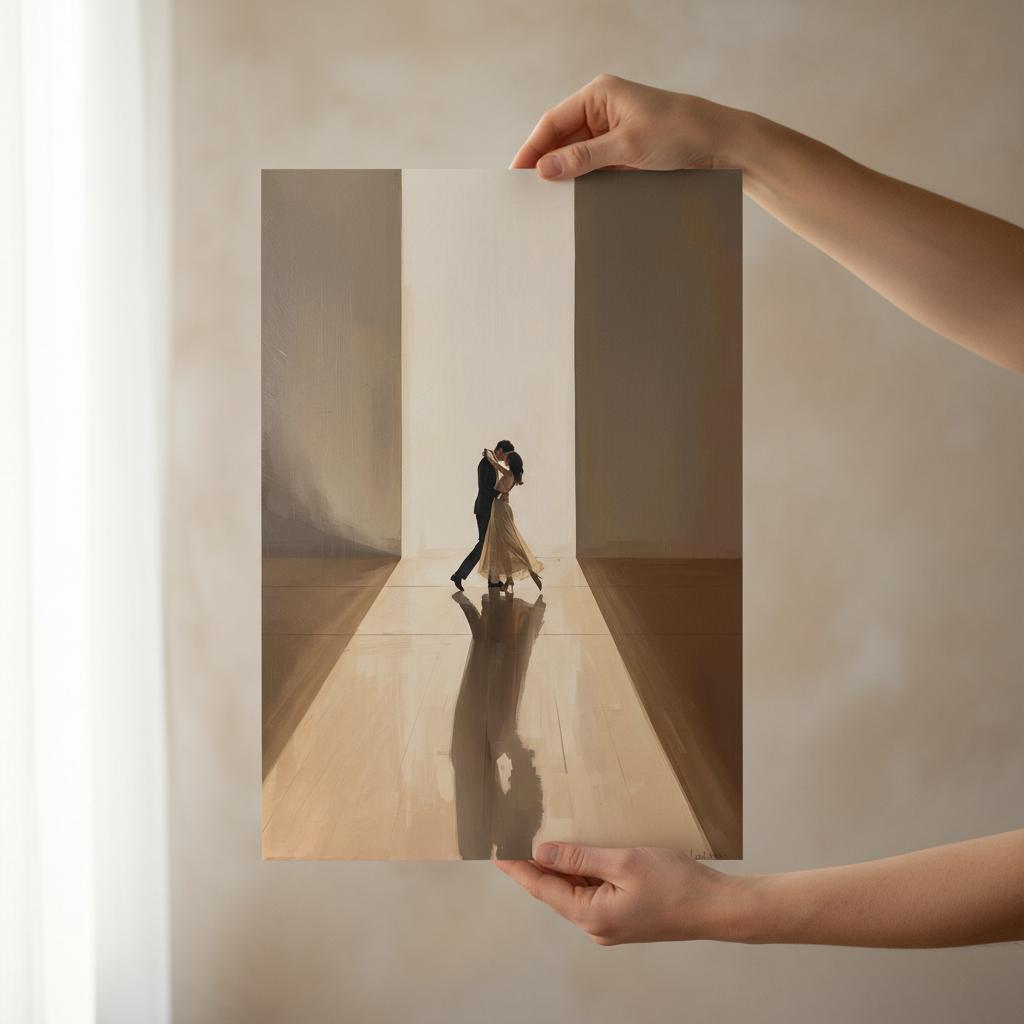 Two people embracing in a reflective surface with hands holding up panels on either side.