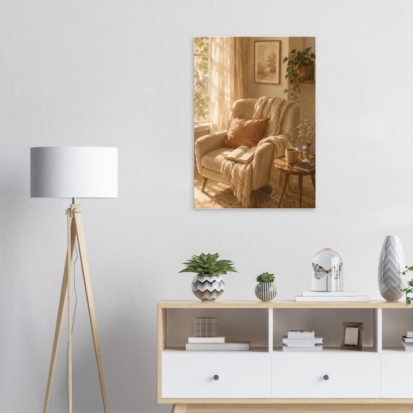 Cozy reading nook wall art displayed above modern sideboard with warm neutral home styling