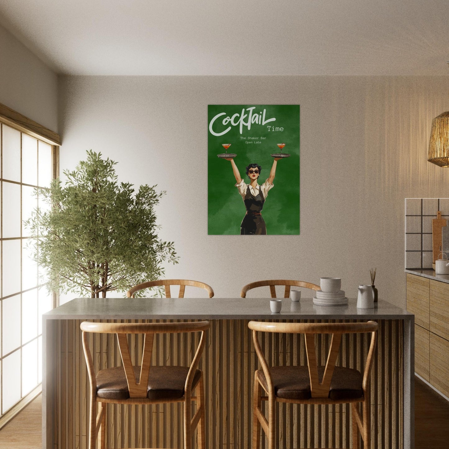 Dining area with a 'Cocktail Time' poster on the wall