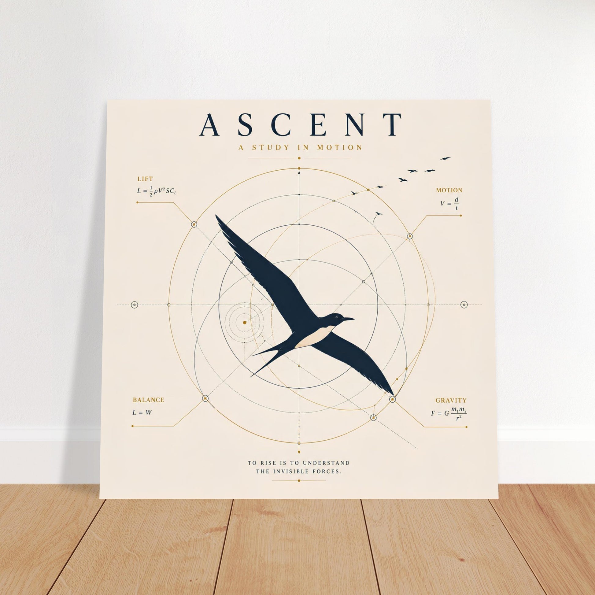 Ivory minimalist bird wall art featuring geometric flight illustrations displayed on a wooden floor against a white accent wall.