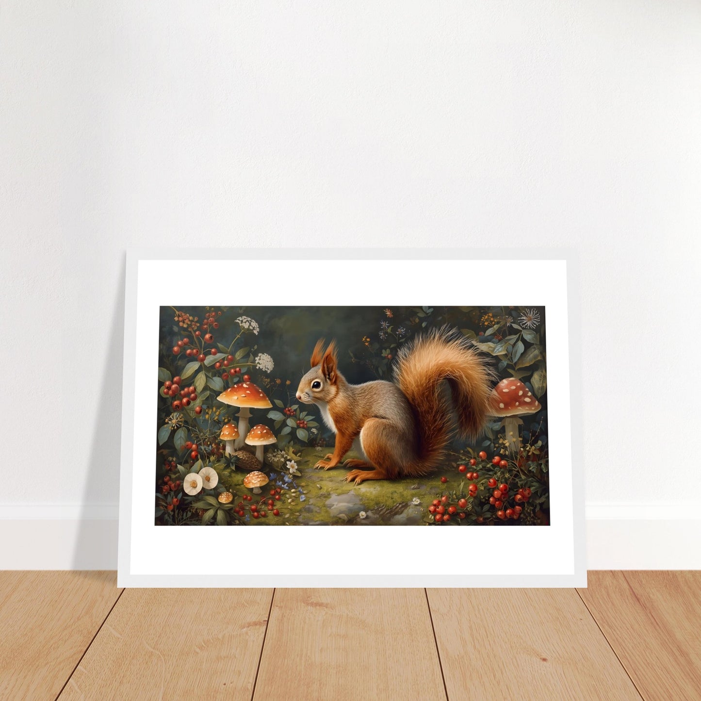 Woodland squirrel art print in a white frame displayed on a wooden floor against a white wall