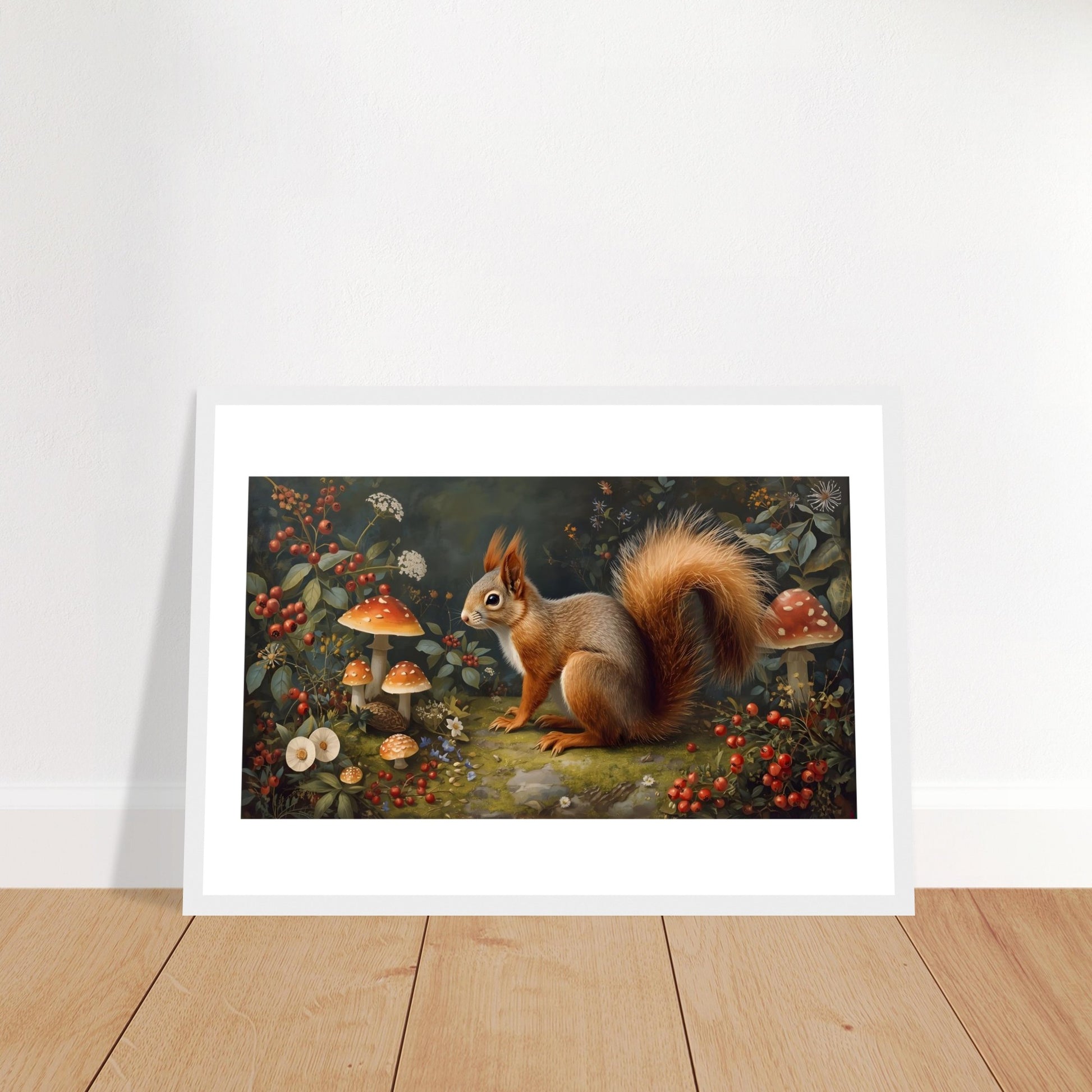 Woodland squirrel art print in a white frame displayed on a wooden floor against a white wall