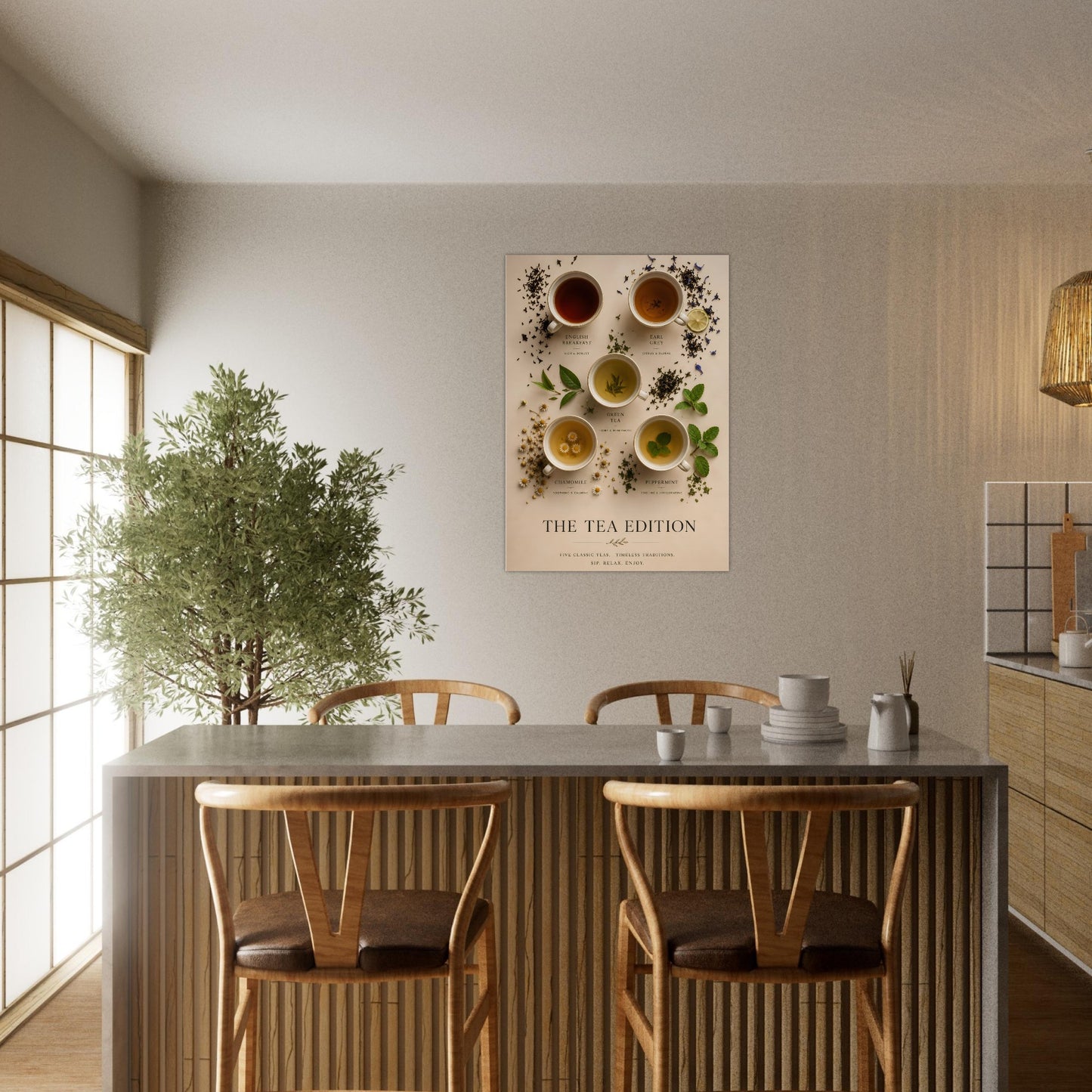 Tea Edition Poster displayed in a bright dining room with warm natural light and contemporary décor.