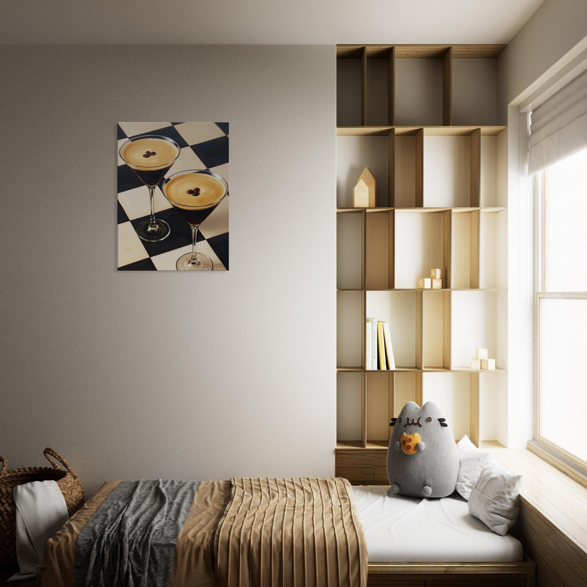 Espresso Martini canvas wall art featured in a luxury bedroom with warm lighting and elegant contemporary furnishings.