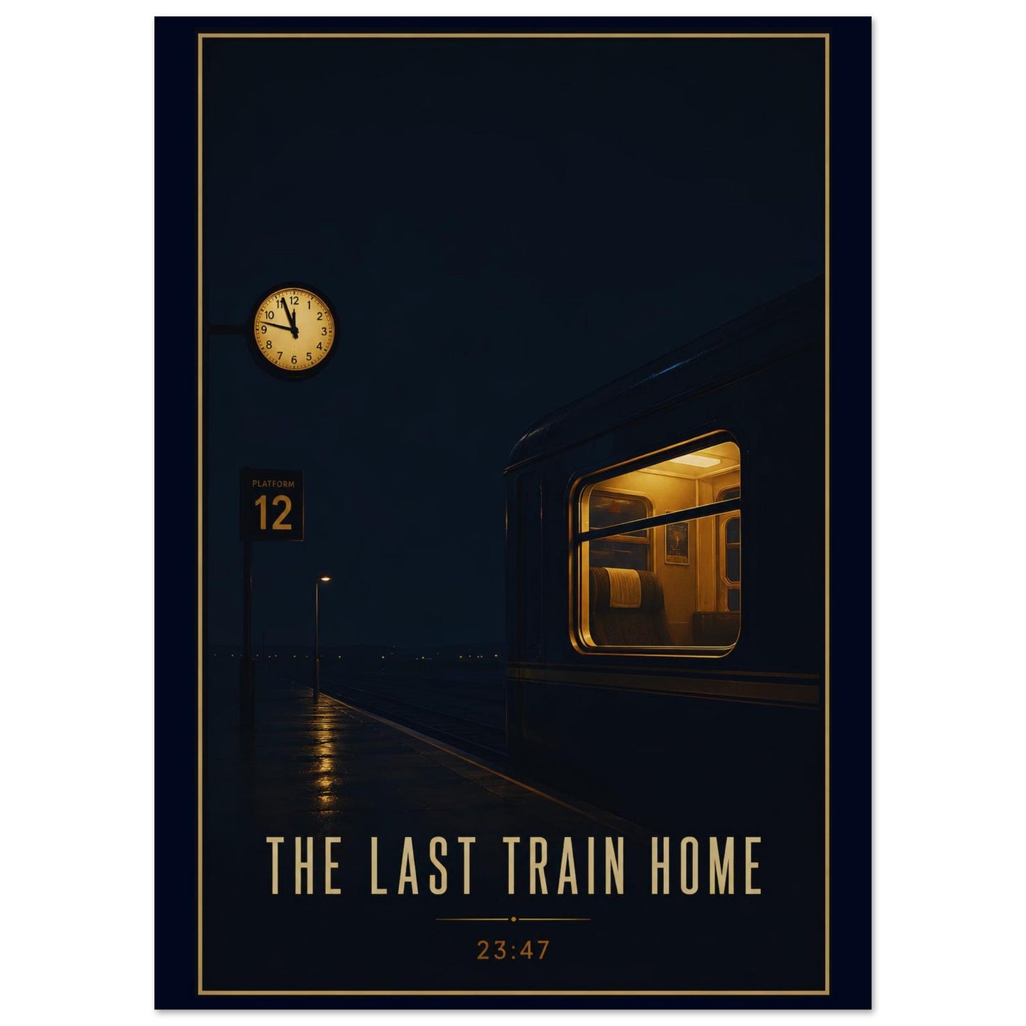 Poster of a train at night with a clock and text 'The Last Train Home'.
