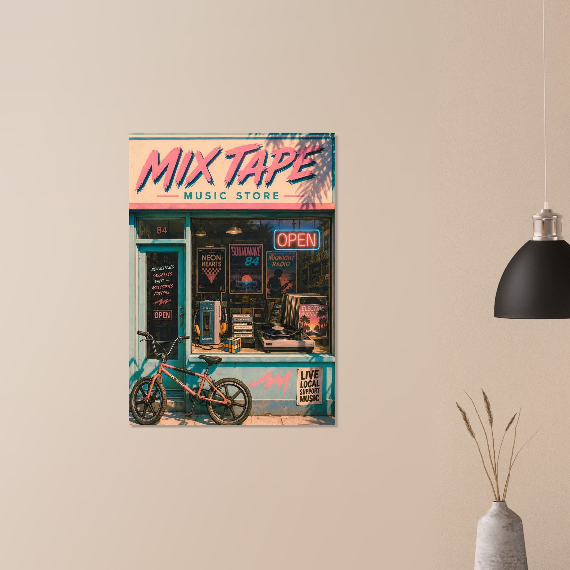 Decorative poster of a music store named 'Mix Tape' on a beige wall.