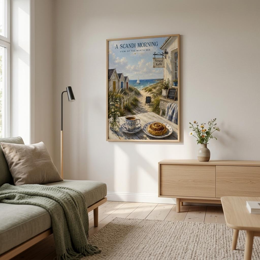 Scandi Morning poster displayed in a bright bedroom with natural wood furniture and Nordic décor
