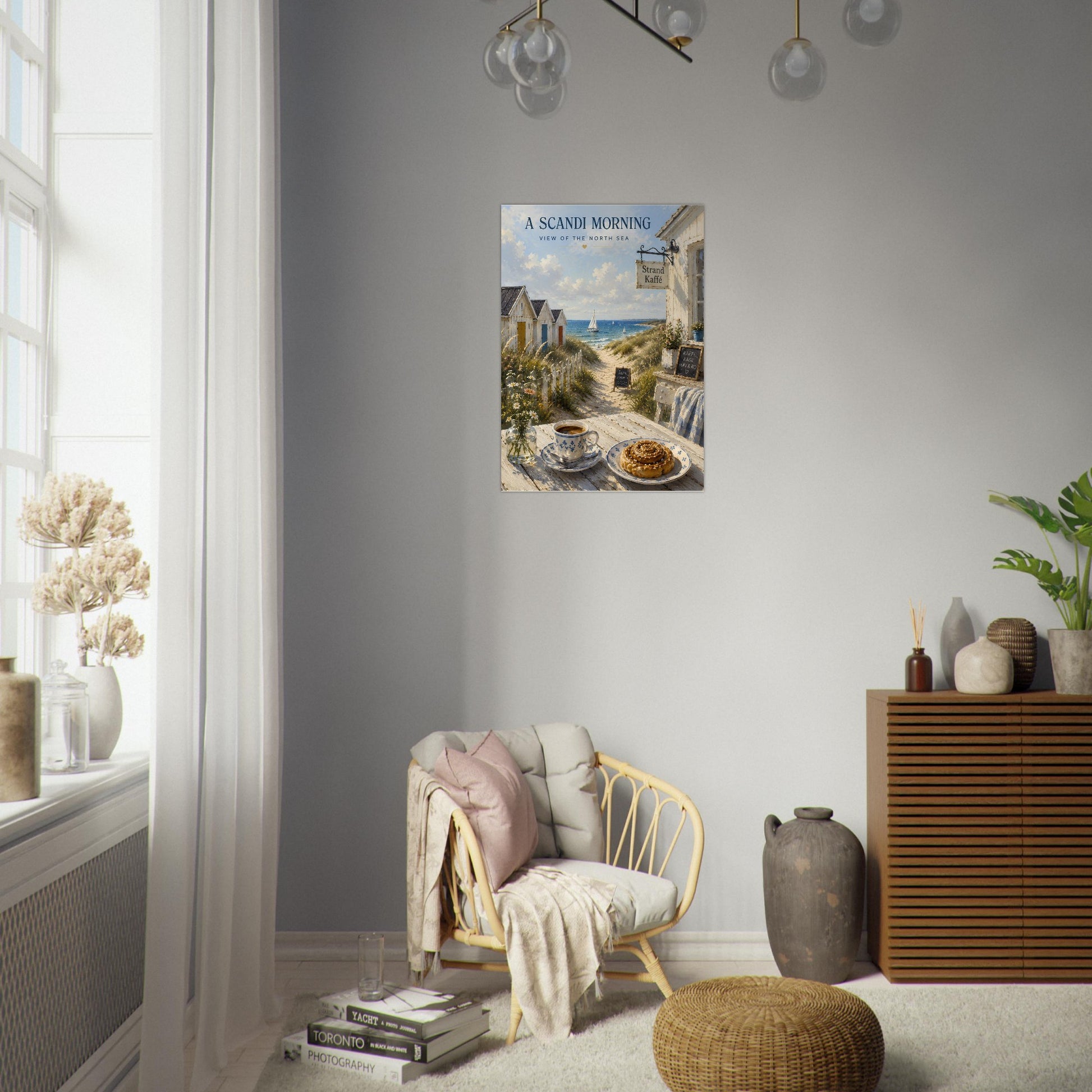 Scandi Morning travel poster displayed in a contemporary lounge with natural light and minimalist styling