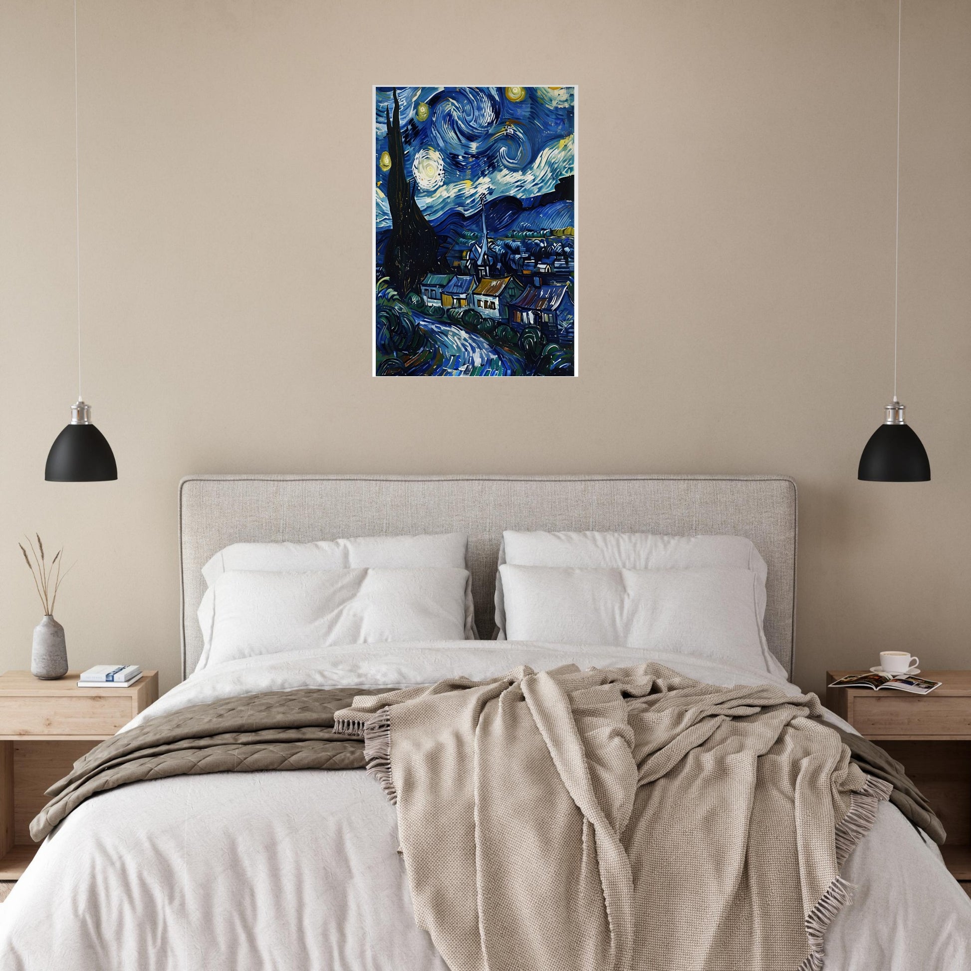 Bedroom with a bed, nightstands, and a painting of 'Starry Night' on the wall.