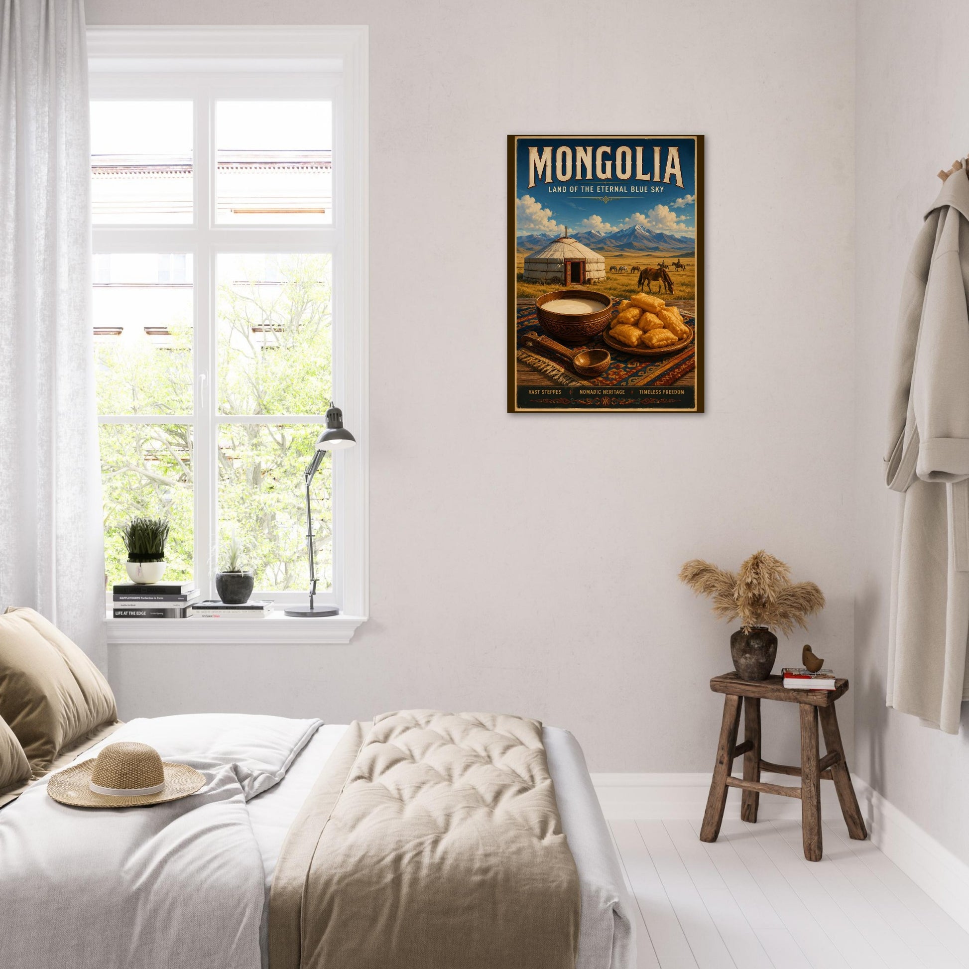 Mongolia travel poster displayed in a serene Japandi-style bedroom with natural wood furnishings and soft lighting.