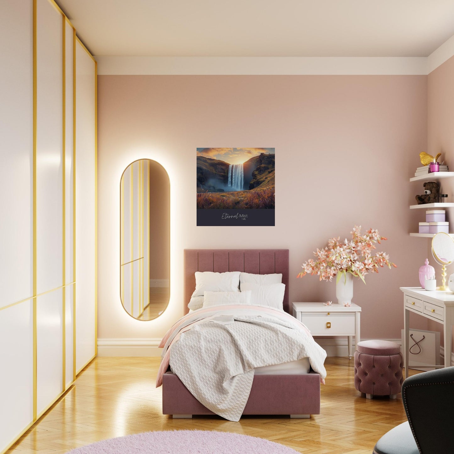 Modern bedroom with pink bed, mirror, and decor with artwork of a waterfall