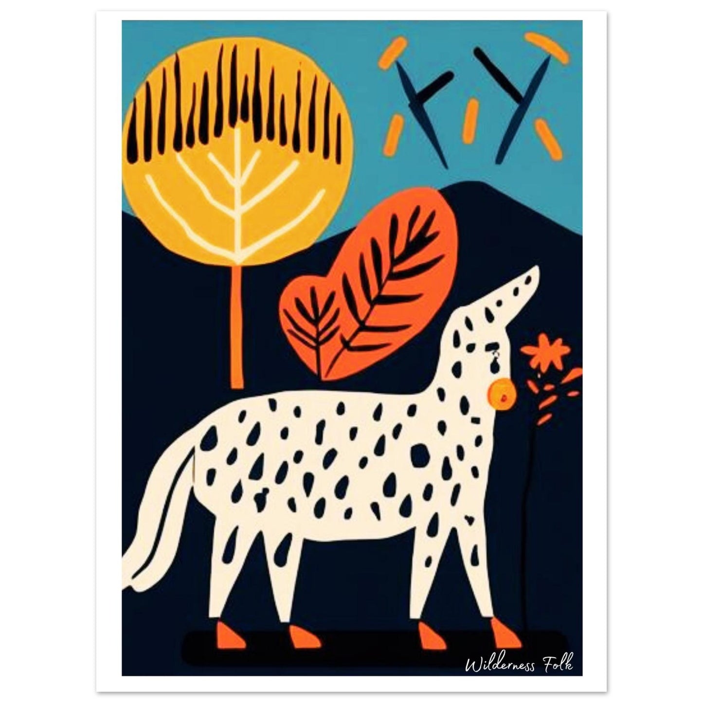 Illustration of a spotted animal with trees and leaves on a blue background