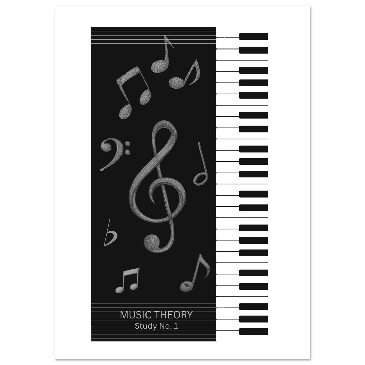 Music theory book cover with musical notes and piano keyboard design on a black background