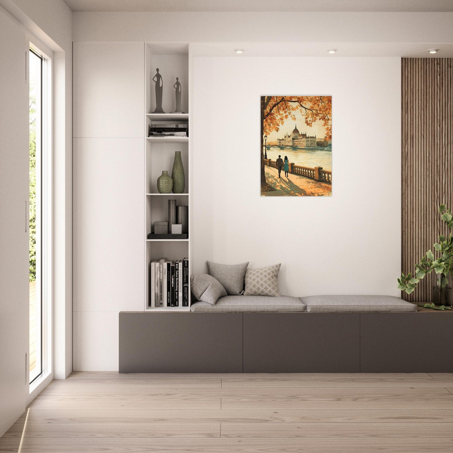 Hungarian Parliament wall art in modern neutral home decor setting