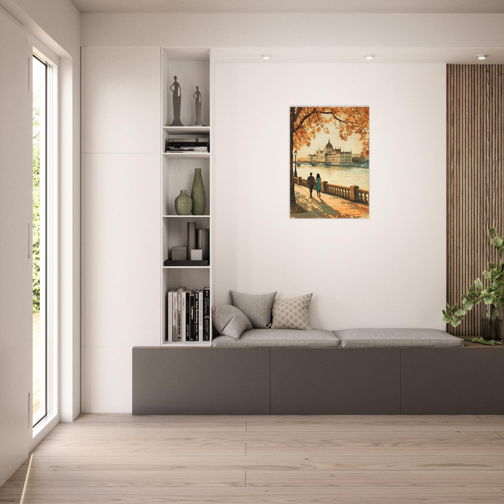 Hungarian Parliament wall art in modern neutral home decor setting