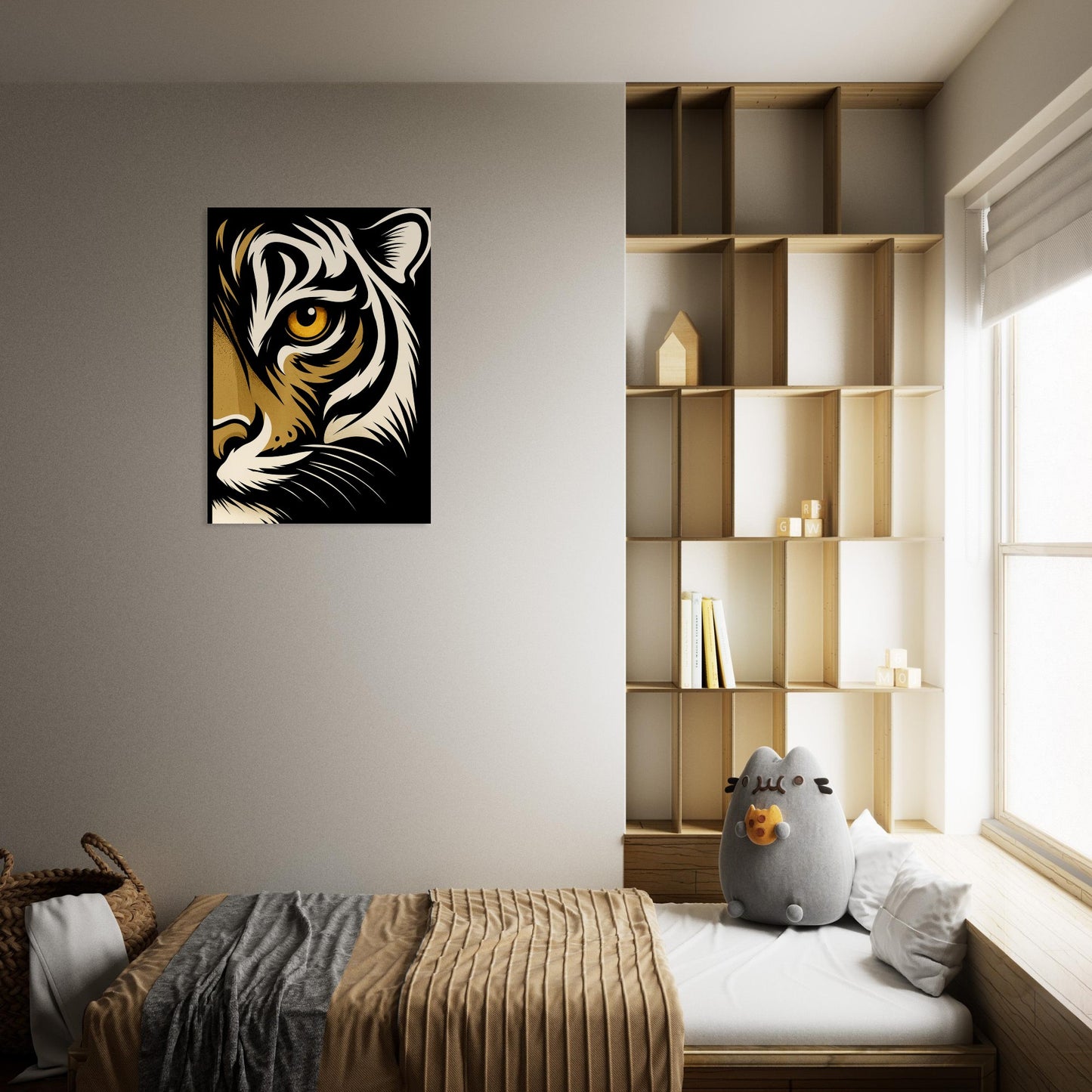 Modern bedroom with a tiger artwork on the wall, bookshelf, and plush toy.