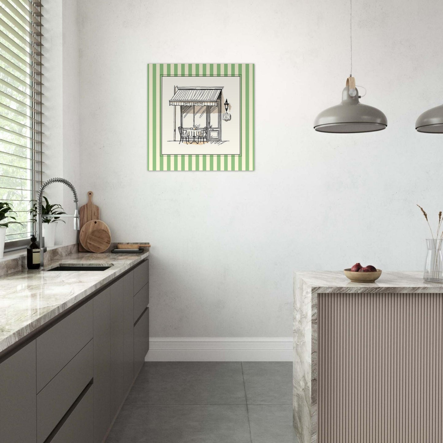 Lifestyle mockup of Café Lumière Paris art print displayed in modern neutral interior
