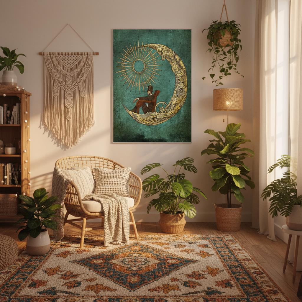Cozy living room with wicker chair, plants, and decorative wall art