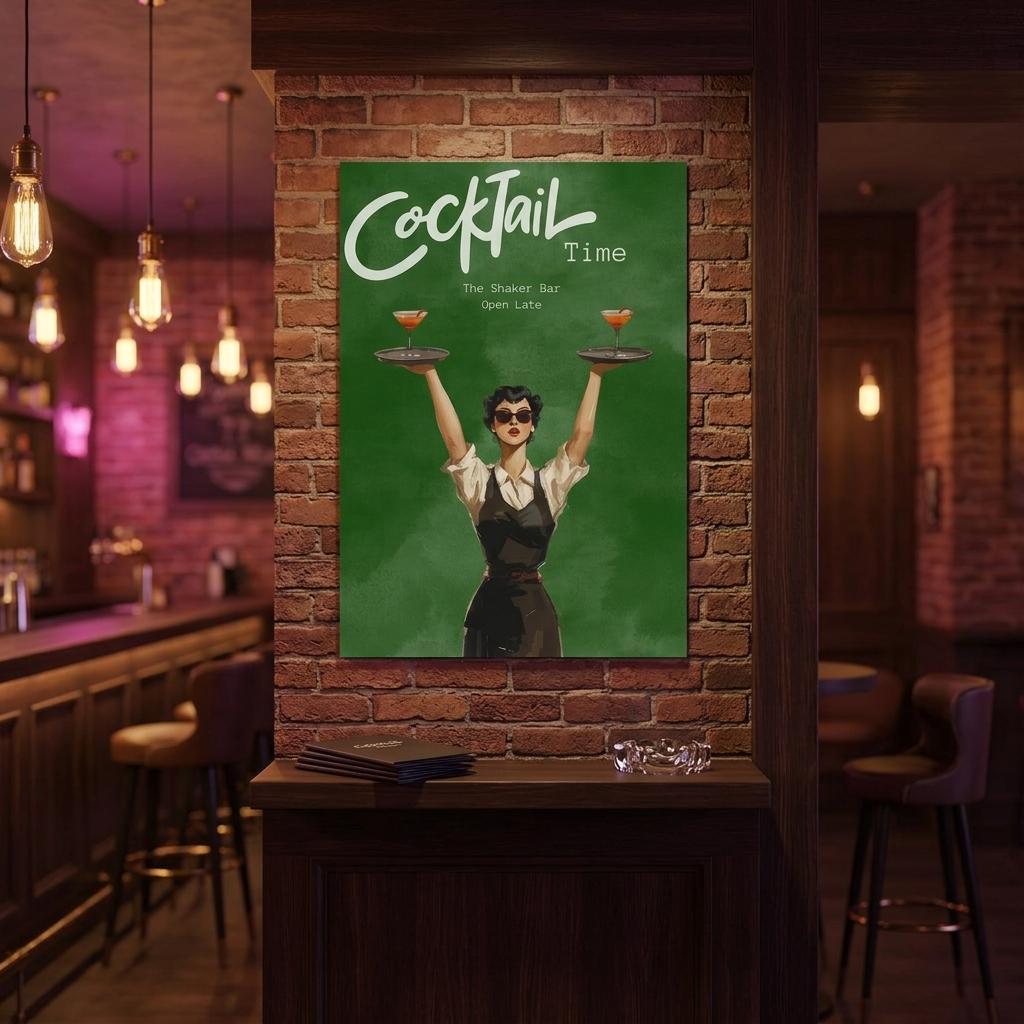 Cocktail bar poster framed on wall with green background and bartender holding drinks