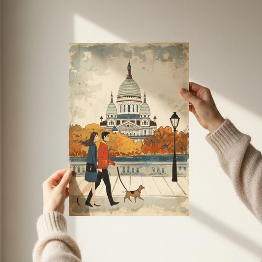 A vintage-style painterly illustration of a man in a red jacket and a woman in a blue coat walking a small dog on a Parisian terrace. The rooftops of Montmartre and the domes of a basilica are visible in a hazy, warm autumnal background