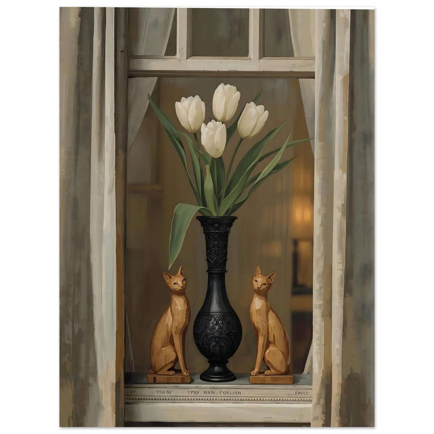 Decorative scene with a black vase holding white tulips, two cat statues, and a window frame.