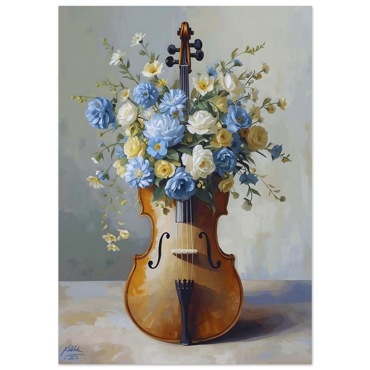 Painting of a violin with flowers inside on a light gray background