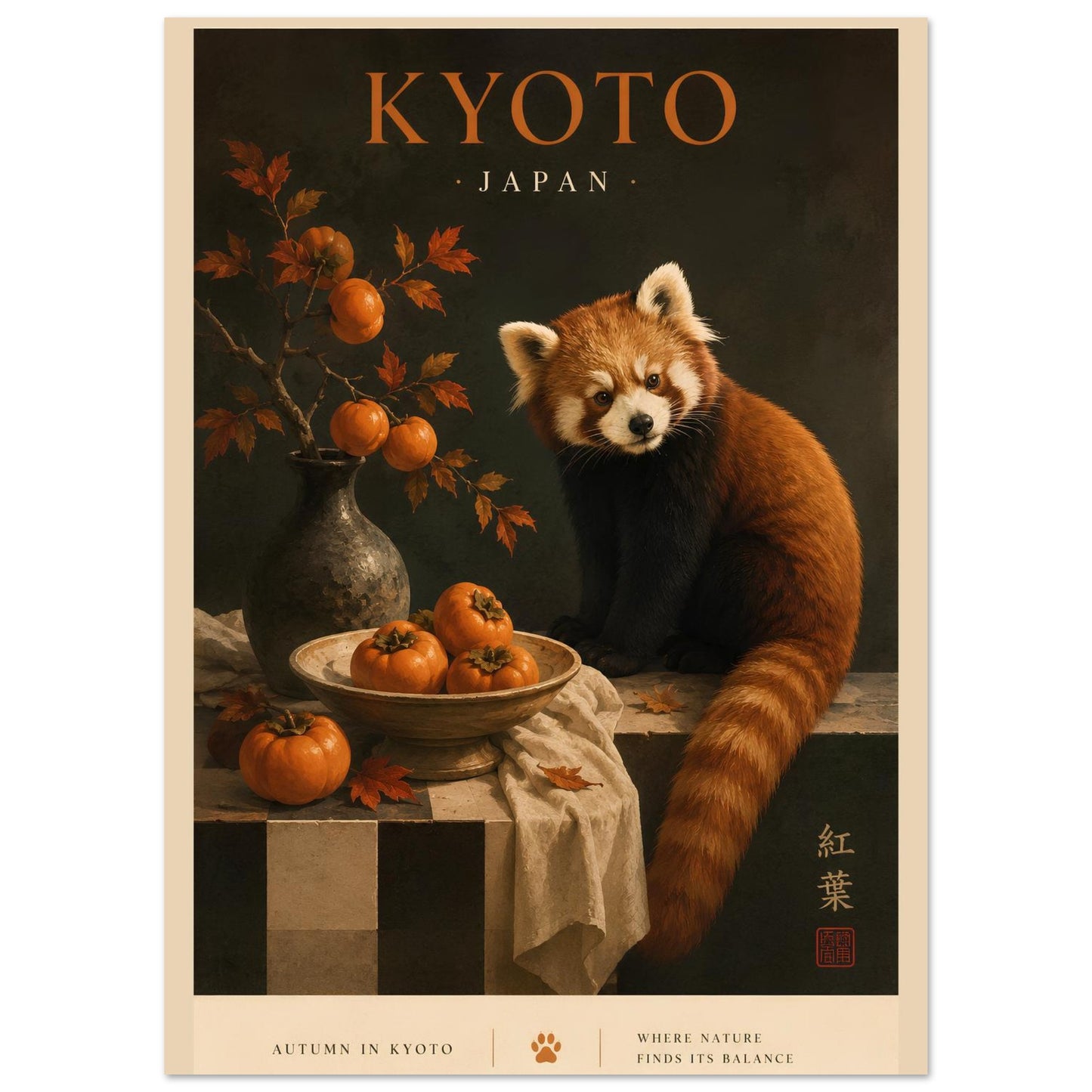 Poster of a red panda with autumn fruits and leaves, featuring the text 'Kyoto, Japan' and 'Autumn in Kyoto'.